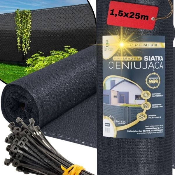 Antracytowa siatka cieniująca 1,5 x 25m,  90%  maskująca na ogrodzenie, siatka osłonowa + 200 opasek